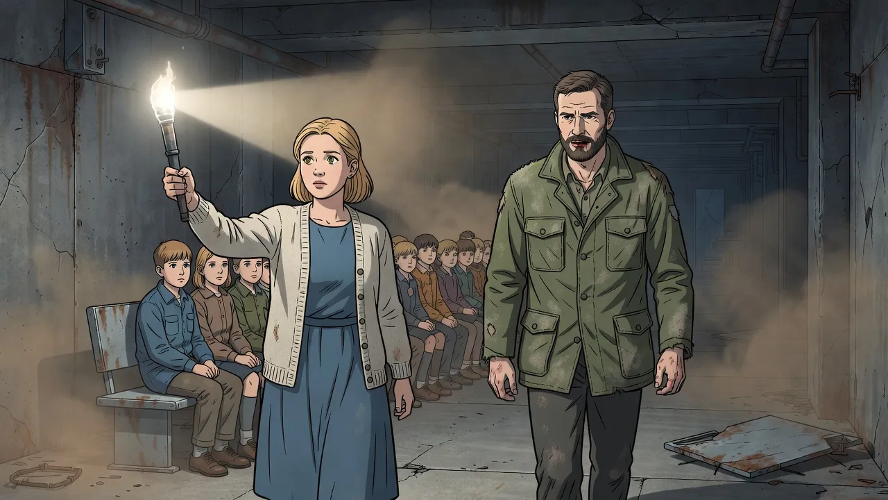 A dusty bearded man in a torn jacket steps out of the dark toward a young teacher holding up a torch, with a group of quiet children seated on a bench behind her.