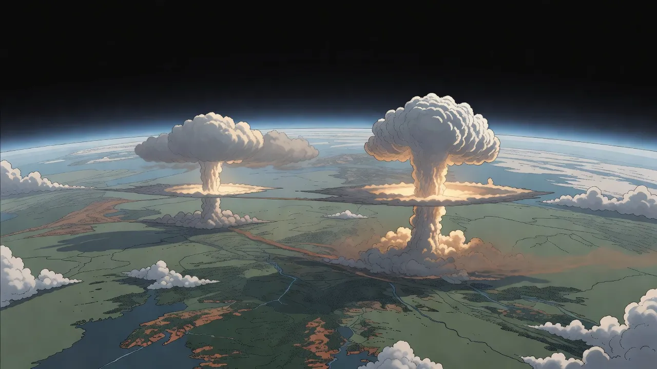 Seen from high above a curved planet, two vast mushroom clouds rise through streaks of grey cloud into the stratosphere in the morning light.