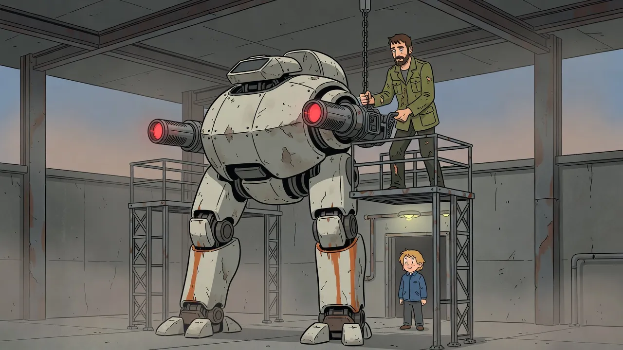 In a dim underground hangar, a bearded man hauls on a hand winch to raise a heavy rotary-barrelled laser to the shoulder of a giant walking machine, while a small boy watches shyly from a lit doorway.