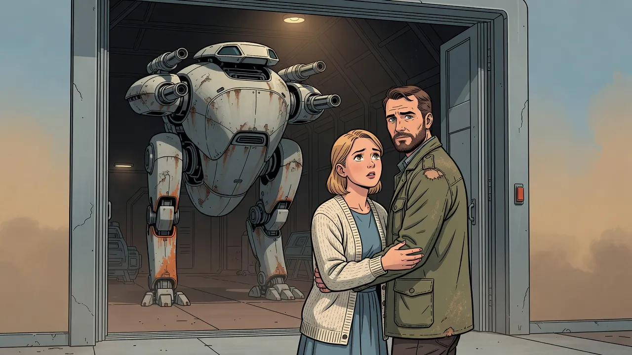 At the open door of a dim hangar, a young woman clings to a bearded man’s arm and looks up at him, her other arm around his back, as a giant armoured walking machine with a laser on each shoulder waits behind them.