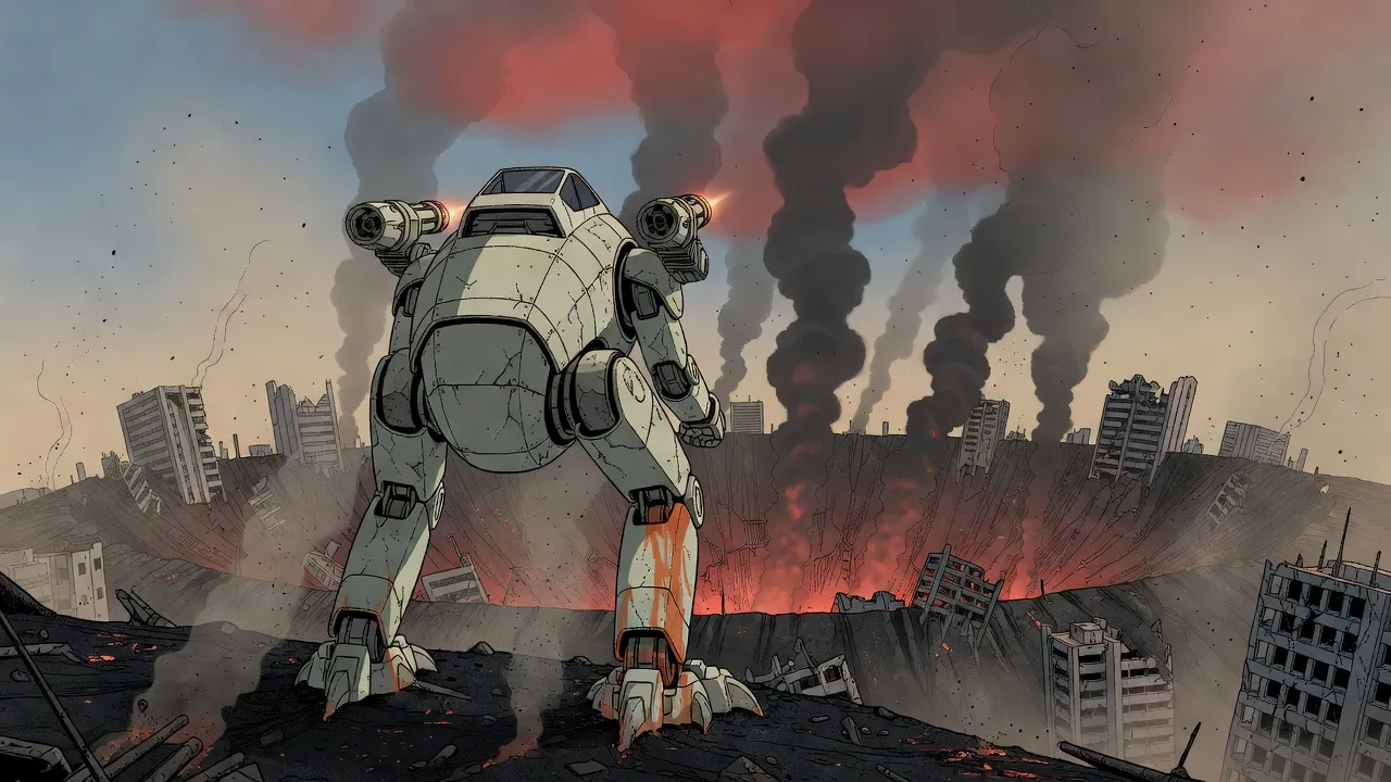 Seen from behind, a giant two-legged walking machine stands on a blackened slope above a vast burning pit edged by the stumps of tower blocks, under hundreds of columns of smoke and a low crimson sky.