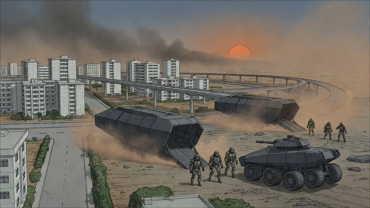 Boxy grey landing ships settle in dust at the edge of an empty city, their ramps down, as an eight-wheeled tank rolls out and armoured soldiers fan out toward the silent streets.