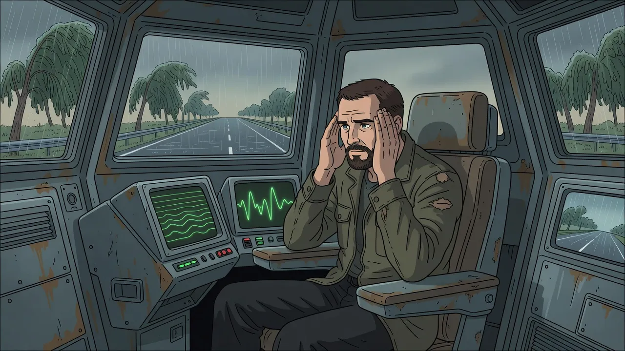 Inside the dim cabin of a walking machine, a bearded man presses his hands to his temples as screens show a rain-swept highway lined with drooping young trees.