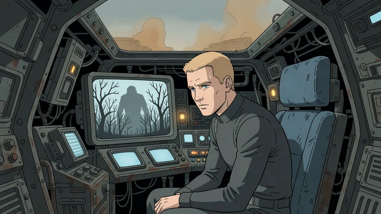 A pale young officer in a dark crew suit stares at a glowing screen in the cramped, dim compartment of a tank.