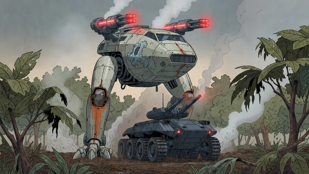 Amid rain and steam in a withered plantation, a giant armoured walking machine with grey foam bulging from its torn cabin rises over an eight-wheeled tank, the lasers on its shoulders spinning up.