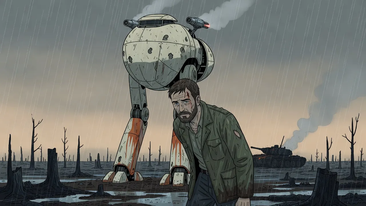 A bearded man in a torn, rain-soaked jacket stands head bowed in the rain before the tall legs of a giant walking machine, a cut at his temple, with a smoking tank wreck far behind him.