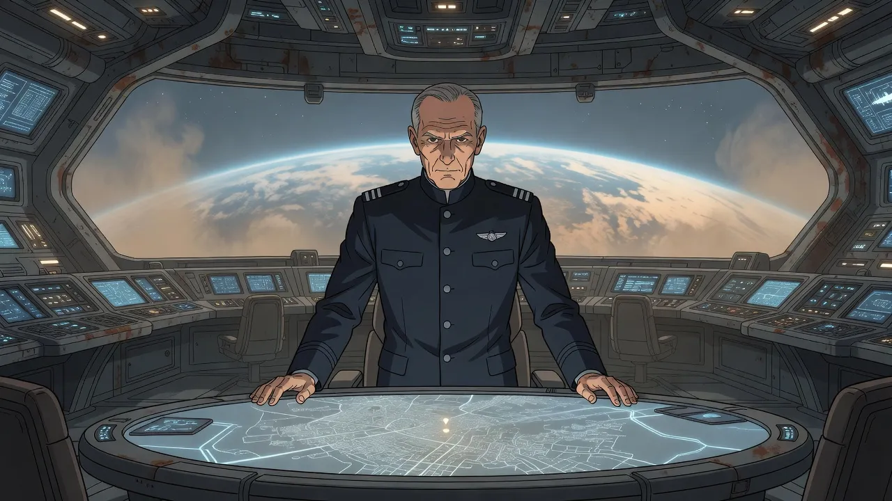 A lean, grey-haired admiral in a dark navy uniform stands at a glowing tactical table on a dim warship bridge, looking down at a map of a city.