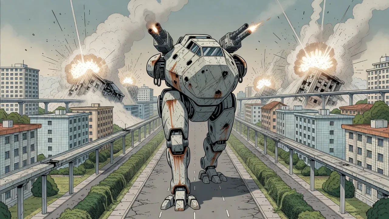 A giant two-legged walking machine strides down a broad avenue between towering explosions and collapsing buildings wrapped in white dust.