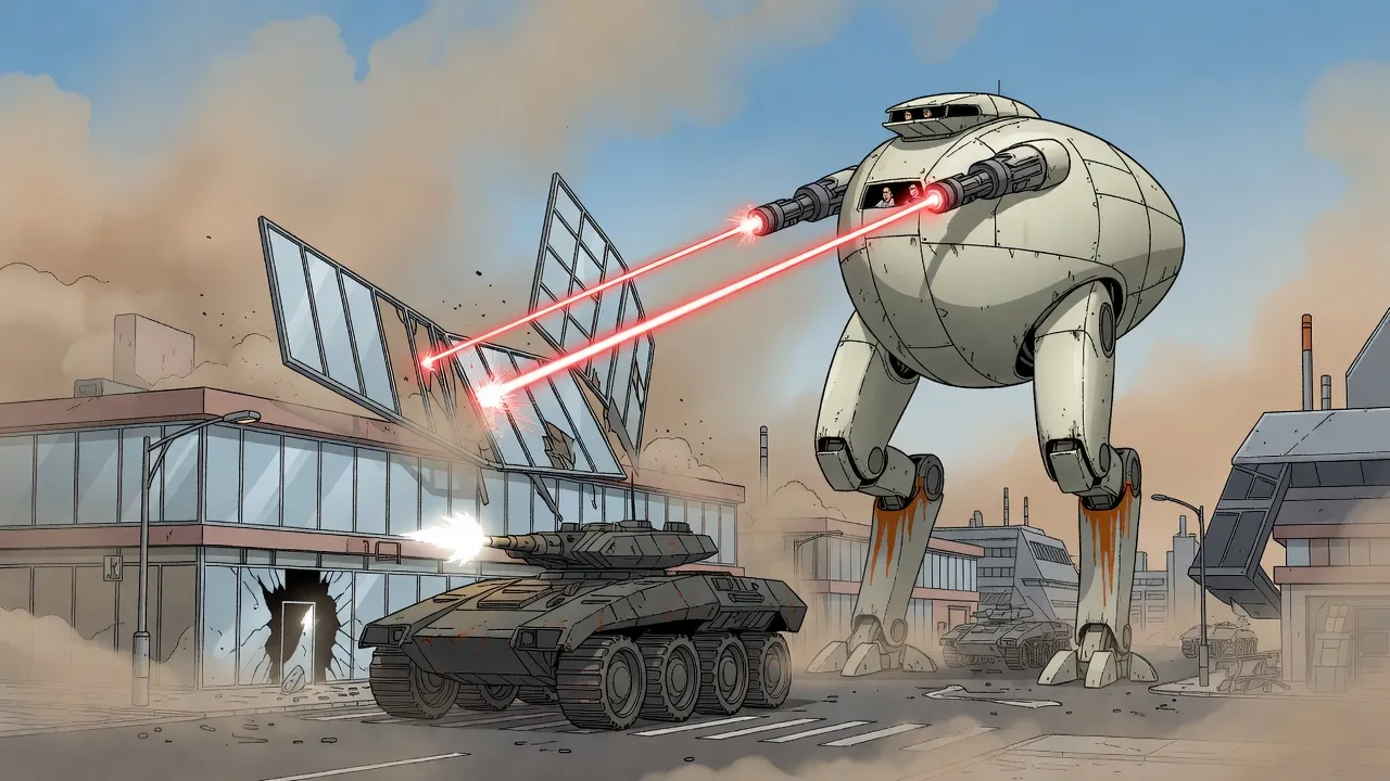 The glass front of a long, low building folds down in a cloud of dust onto armoured tanks firing from its ground floor, as a giant walking machine cuts its frame with two red beams.