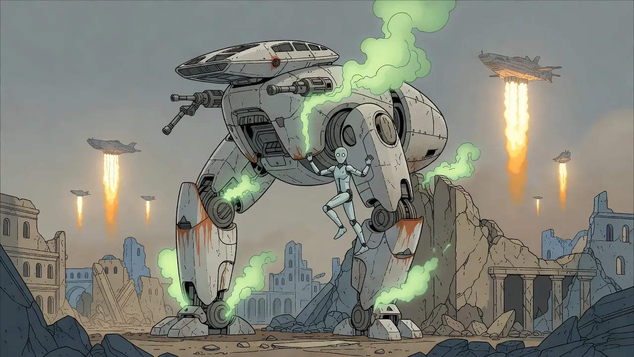 A crippled giant walking machine stands among ruins in clouds of green steam while a slim grey android climbs its leg toward the cabin and landing ships rise on columns of fire into an ash-grey sky.