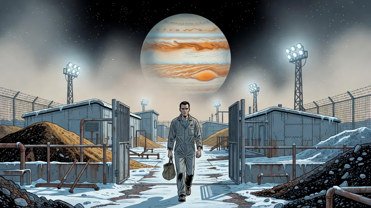 A gaunt young man in a grey work coverall walks out through the open gate of a bleak mining camp on an icy moon, a giant banded planet filling the sky behind him.