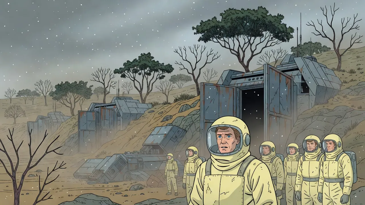 Figures in bulky old protective suits stand at the open armoured gates of a bunker cut into a hillside, under a grey sky of falling ash, with dead plantations stretching away below.