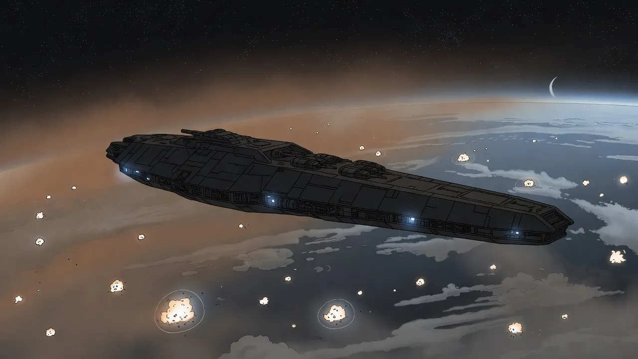 Beyond the dark hull of a warship in the foreground, the night side of a planet glows with scattered white-orange flashes under drifting grey cloud.