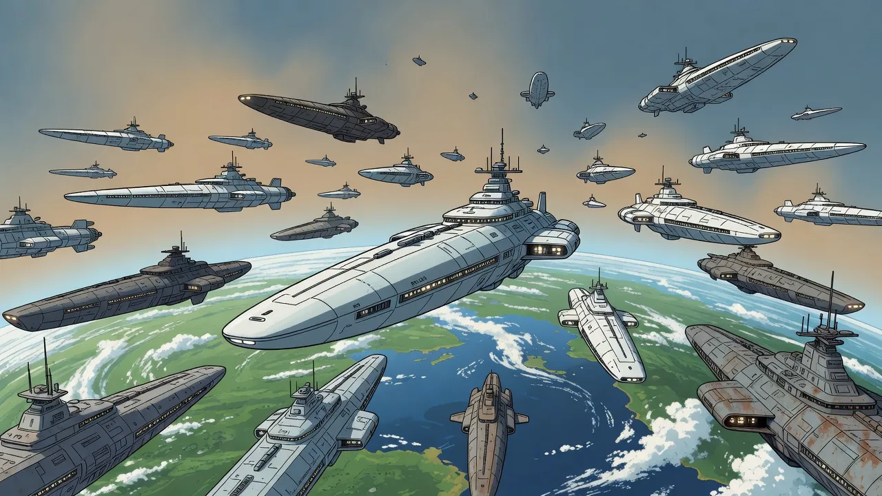 Warships of many different designs gather in loose ranks in orbit above a green and blue planet, their running lights bright against the dark.