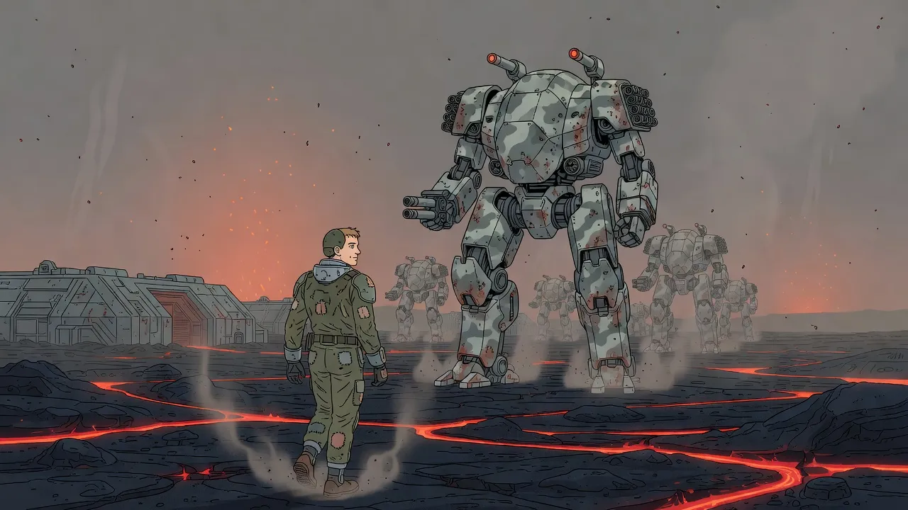 A battered grey two-legged war machine stands at the end of a line outside a hangar on a black lava plain under falling ash, a test pilot in an old combat suit walking toward it.