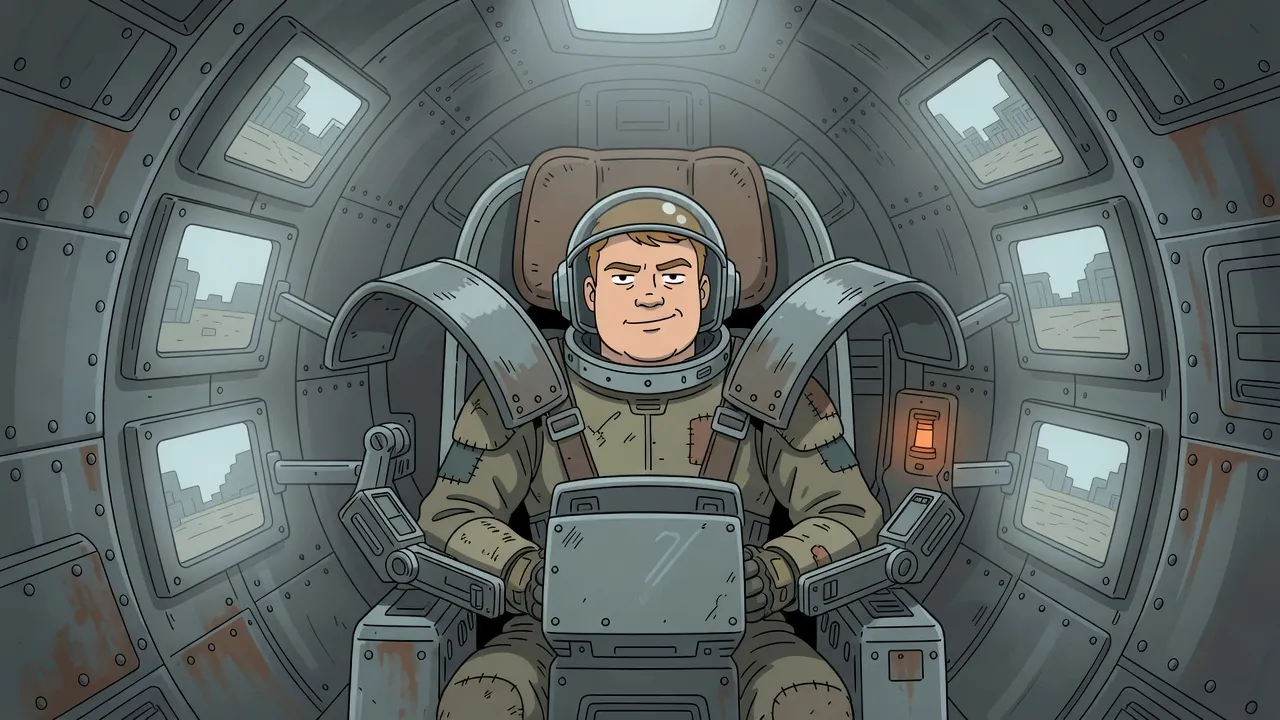 A test pilot in a sealed helmet sits strapped into the padded cradle of a windowless armoured cabin, glowing screens around him.