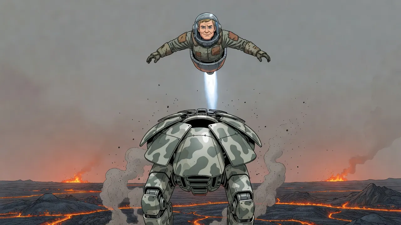 The armour plates on top of a war machine’s cabin spring open and a pilot’s cradle shoots up into the ash-grey sky.