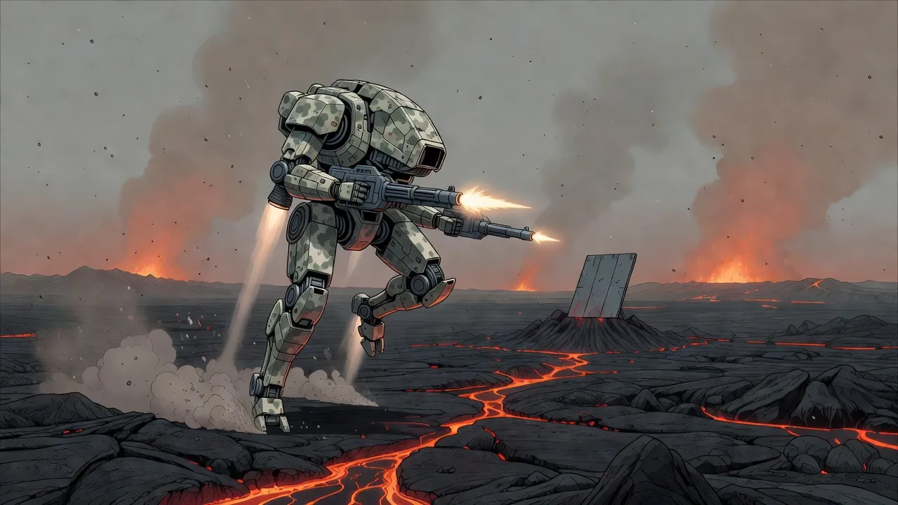 A grey two-legged war machine with nobody aboard bounds across a black lava plain under falling ash, one gun flashing at a target.