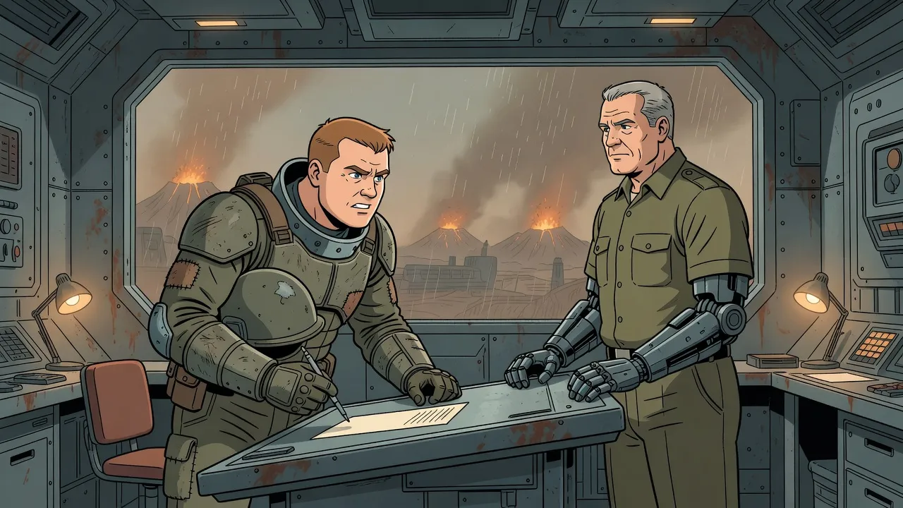 In a grey control room a scowling test pilot in a patched armoured suit bends over a sheet on the desk while a grey-haired officer with metal arms looks on.