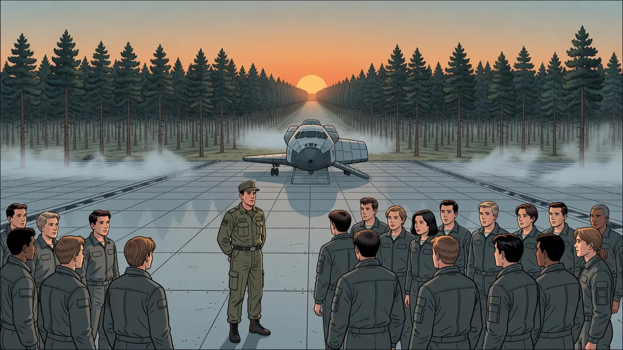 At sunrise a calm officer in a field cap stands before a loose crowd of young recruits in grey flight suits on a landing field ringed by pines.