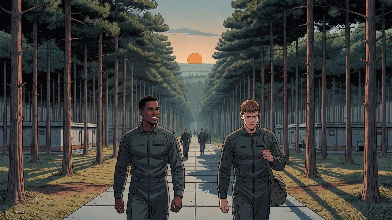 Two young men in grey flight suits walk side by side on a path under tall pines, one grinning, the other looking at his feet.