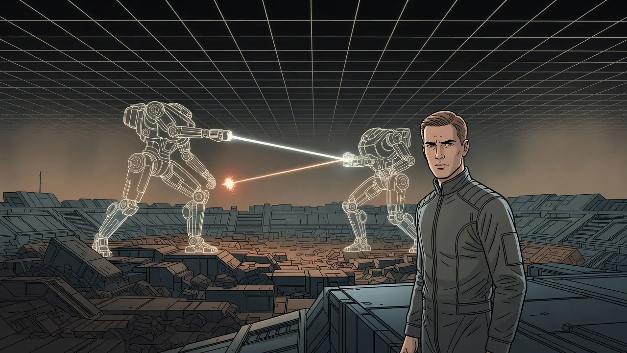 In a glowing virtual arena two translucent walking war machines duel while a young man watches from the edge.