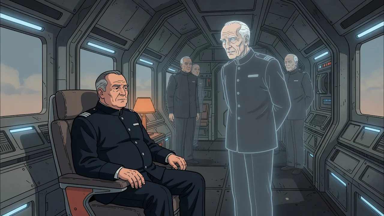 A heavy-set admiral sits in a deep chair, eyes half-closed, before a translucent projected figure of a very old admiral speaking.
