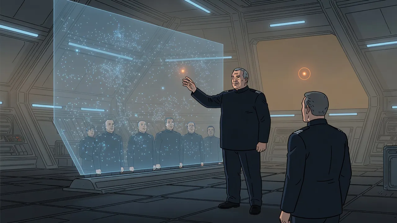 An admiral raises a hand toward a distant orange star in a vast holographic star map while officers look on.
