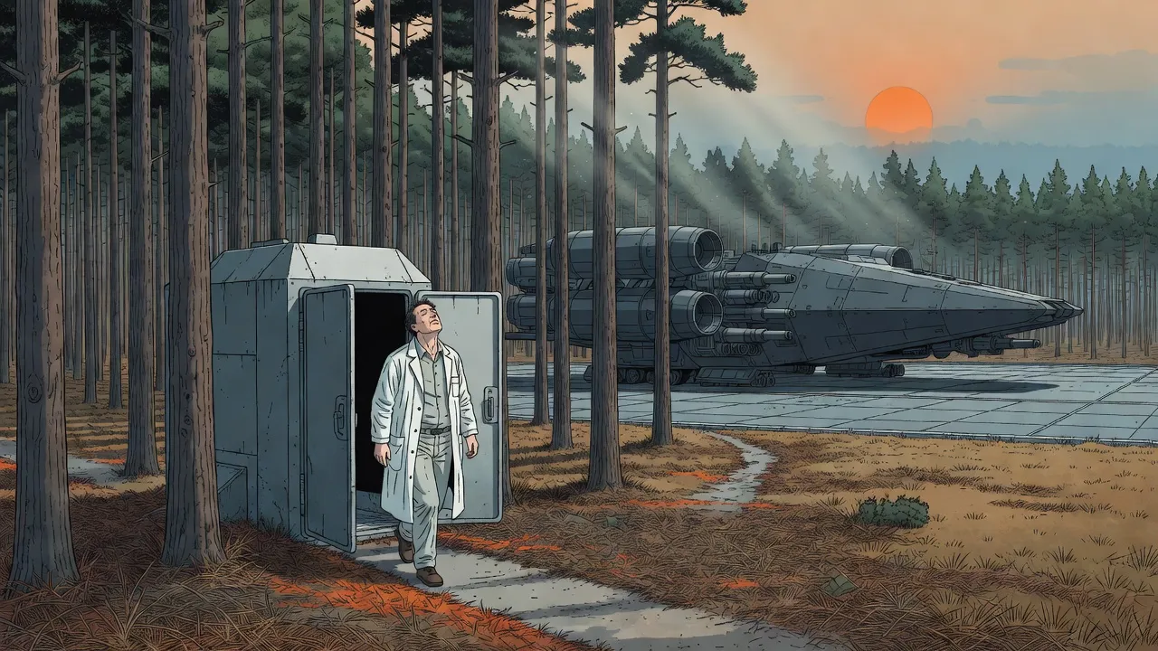 A tired man in a white laboratory coat steps from a concrete lift-head into a pine forest, face lifted to the air.