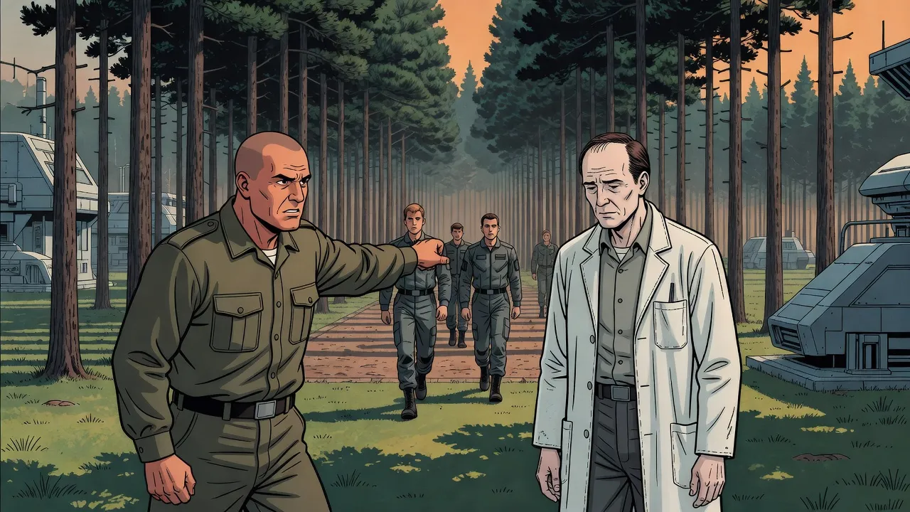 A burly shaven-headed officer points angrily after departing recruits while a tired man in a lab coat stands downcast beside him under the pines.