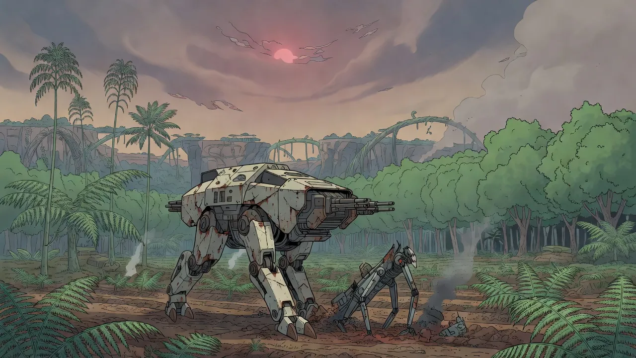 A tall cream-plated two-legged farm machine with lizard-like legs strides past a toppled grey war machine on an alien farming world.