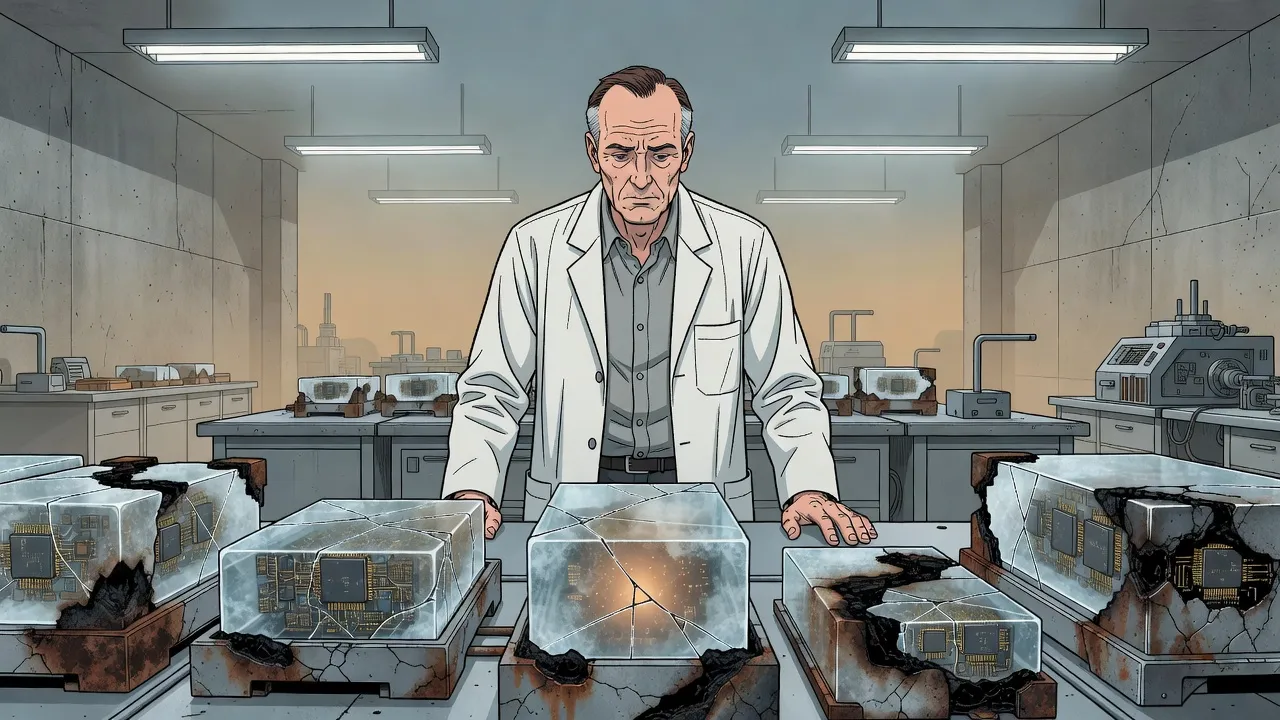In a cold underground laboratory a tired man in a lab coat stares down at a row of scorched glassy crystal modules on a steel bench.