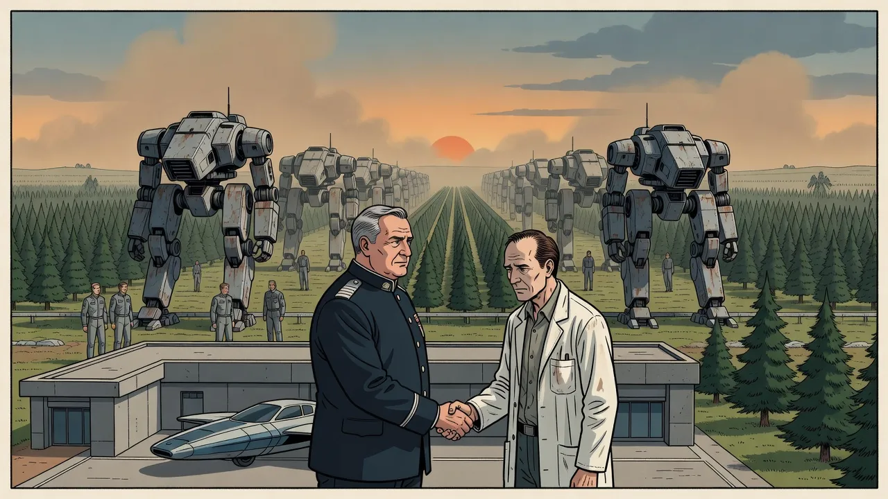 Beside a low grey building and a small air-car, an admiral and a man in a lab coat shake hands without looking at each other, war machines in rows behind.