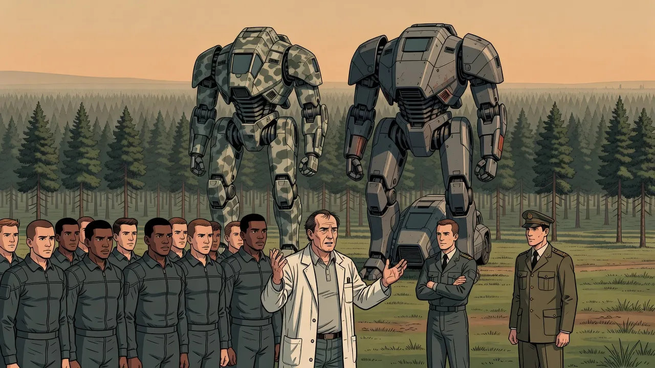 A man in a lab coat speaks to a line of young pilots in grey flight suits, two towering war machines behind them and an officer standing aside.