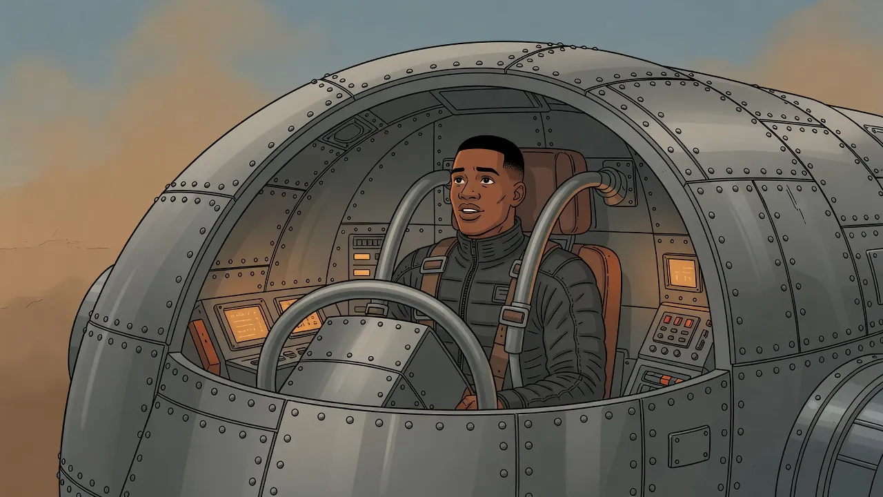 A young man strapped into a sealed riveted steel cabin, shown in cutaway, looks up in surprise, his face lit by the amber glow of small control displays.