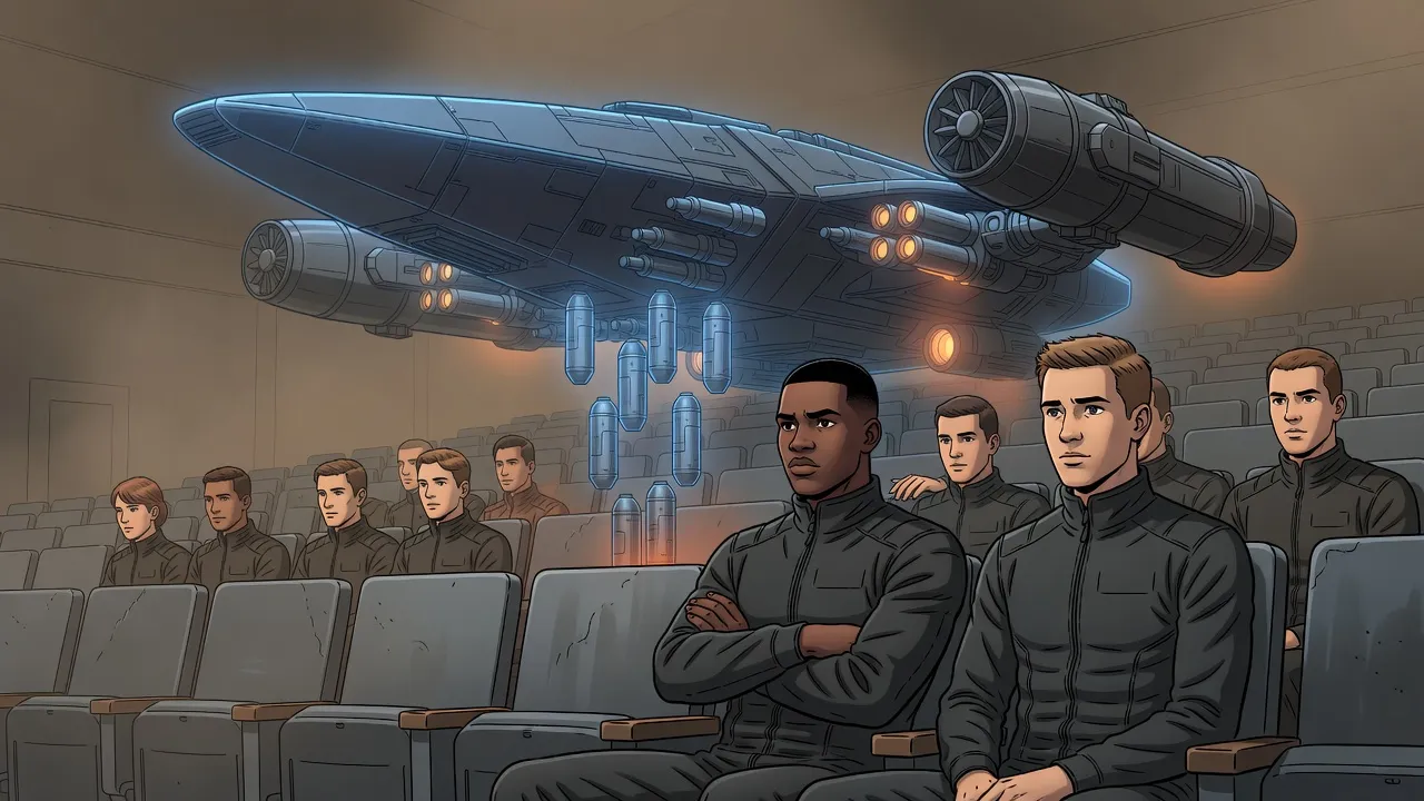 In a dim lecture hall a young man scowls up at a glowing hologram of a huge carrier spacecraft dropping armoured containers.