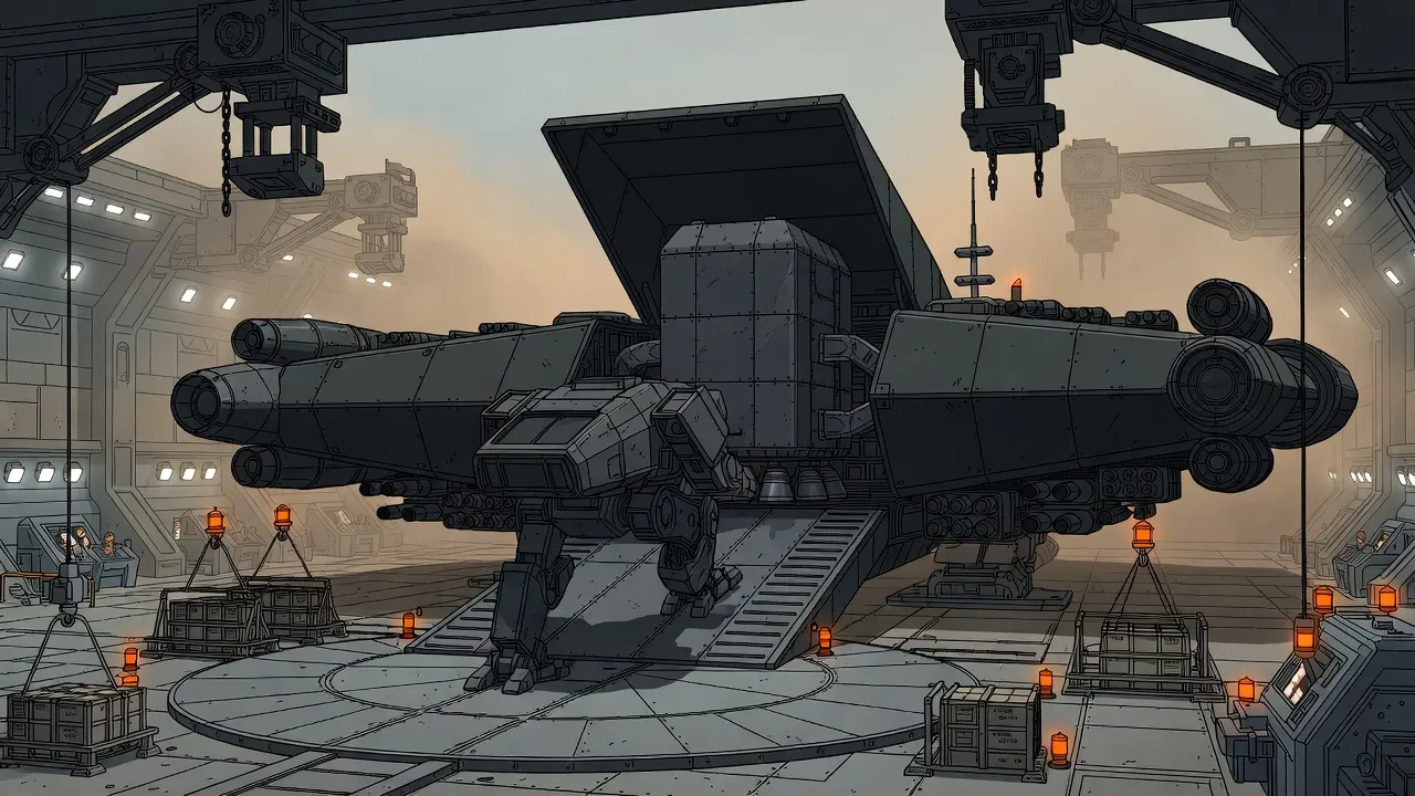 A heavy grey war machine walks up a steel ramp into the open belly of a huge carrier spacecraft in a cavernous hangar.