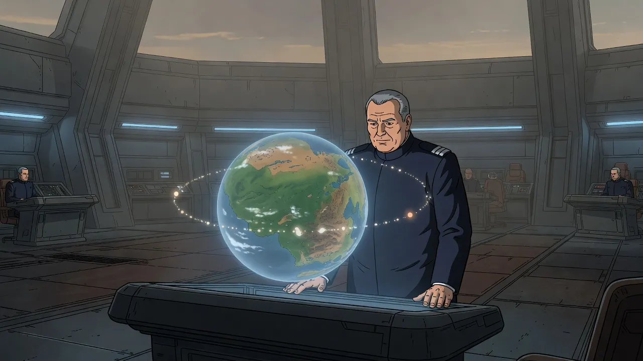 On a dim warship bridge a heavy-set admiral leans over a glowing tactical display of a planet ringed by faint specks, officers at their stations behind him.