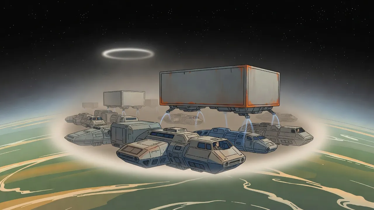 A ghostly line of bulky cargo ships towing a huge box-shaped container emerges from a flash of light above a green planet.