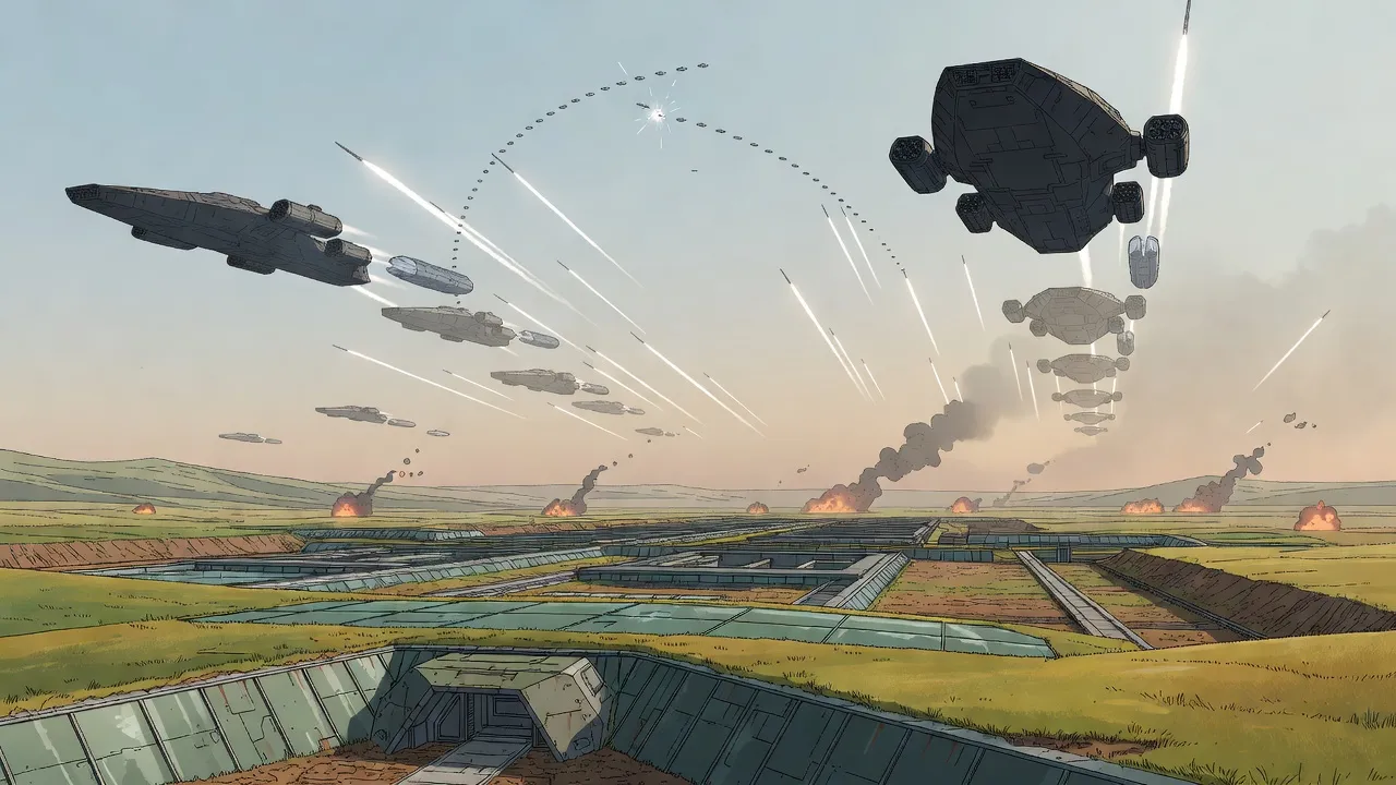 Seen from a grassy bunker roof, rocket trails streak up into a pale sky from dark carriers while a distant station bursts and smoke clouds rise on the horizon.