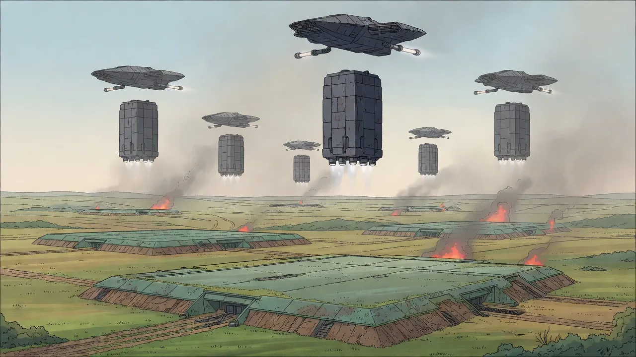 Huge dark carriers hover over a smoking green plain as a string of tall armoured containers falls from their bellies on flaring engines.