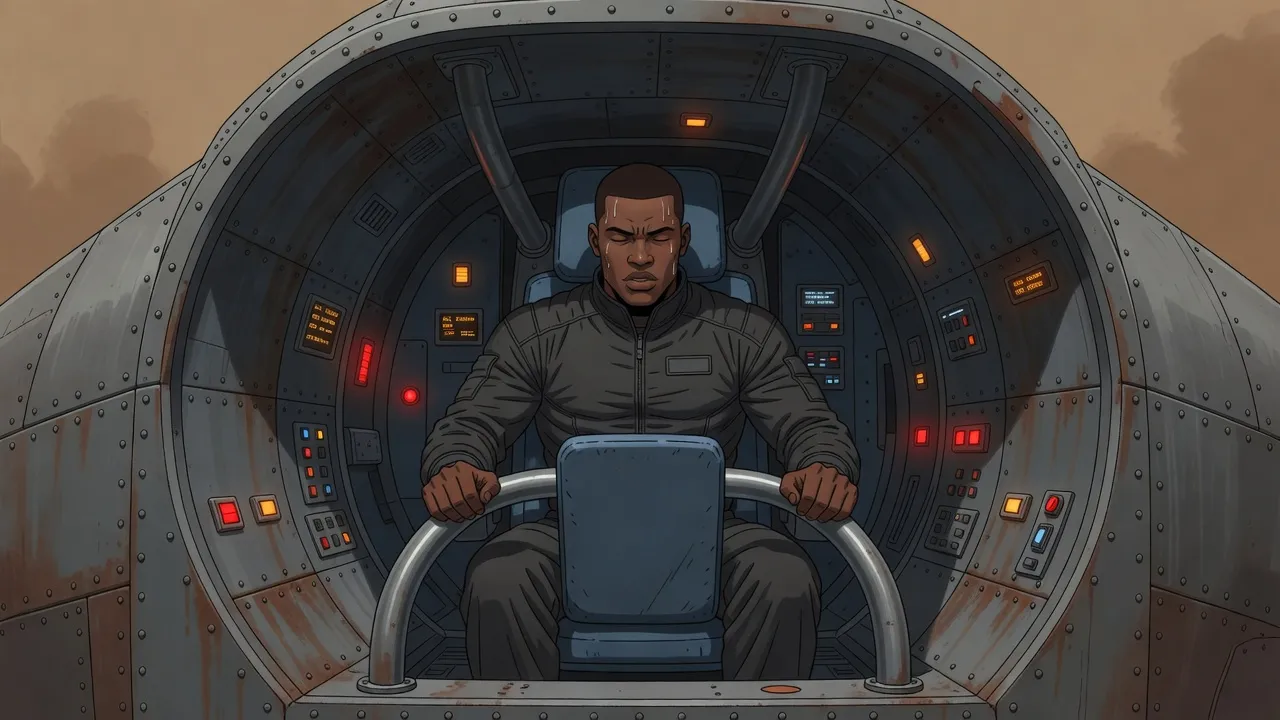 A young pilot strapped into a sealed riveted steel cabin, shown in cutaway, squeezes his eyes shut as red and amber warning lamps flash around him.