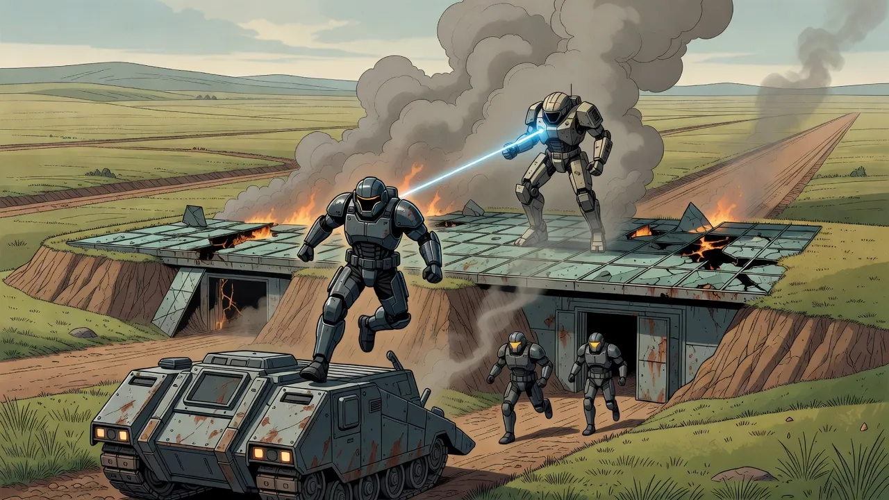 A soldier in heavy dark-grey powered armour leaps from a tracked armoured assault vehicle into smoking ruins as two others run for a bunker door, a grey walking machine firing a beam from the roof above.