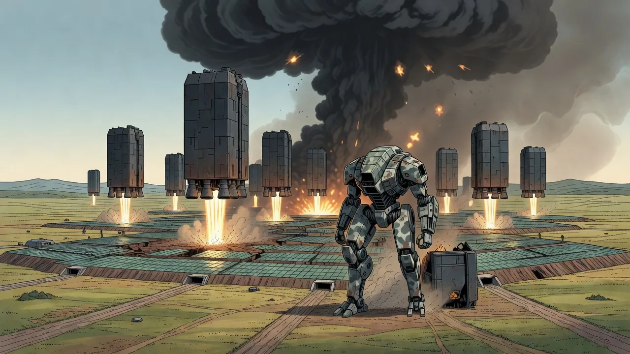 Tall armoured containers come down on columns of fire onto melting bunker roofs as a vast black cloud spreads across the sky and a war machine steps out.