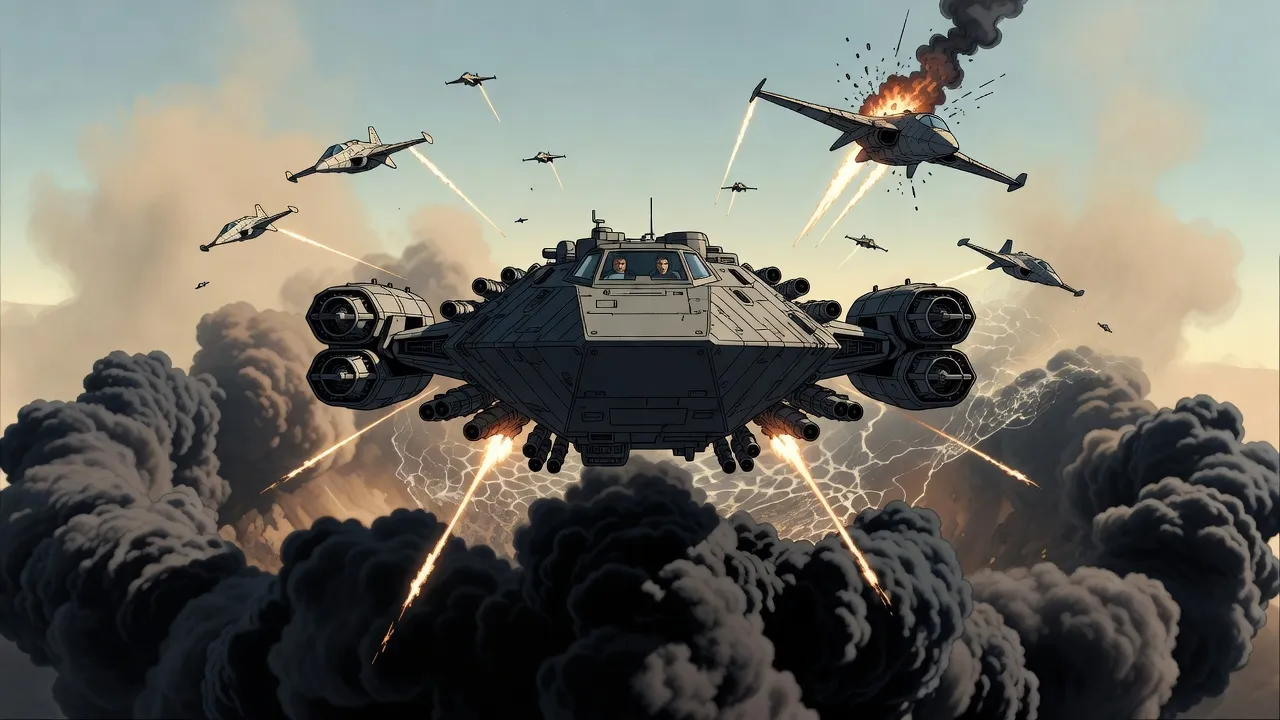 A huge carrier, half-hidden in shimmering haze at the edge of a black cloud, fires streams of tracer at sleek fighters diving from above.