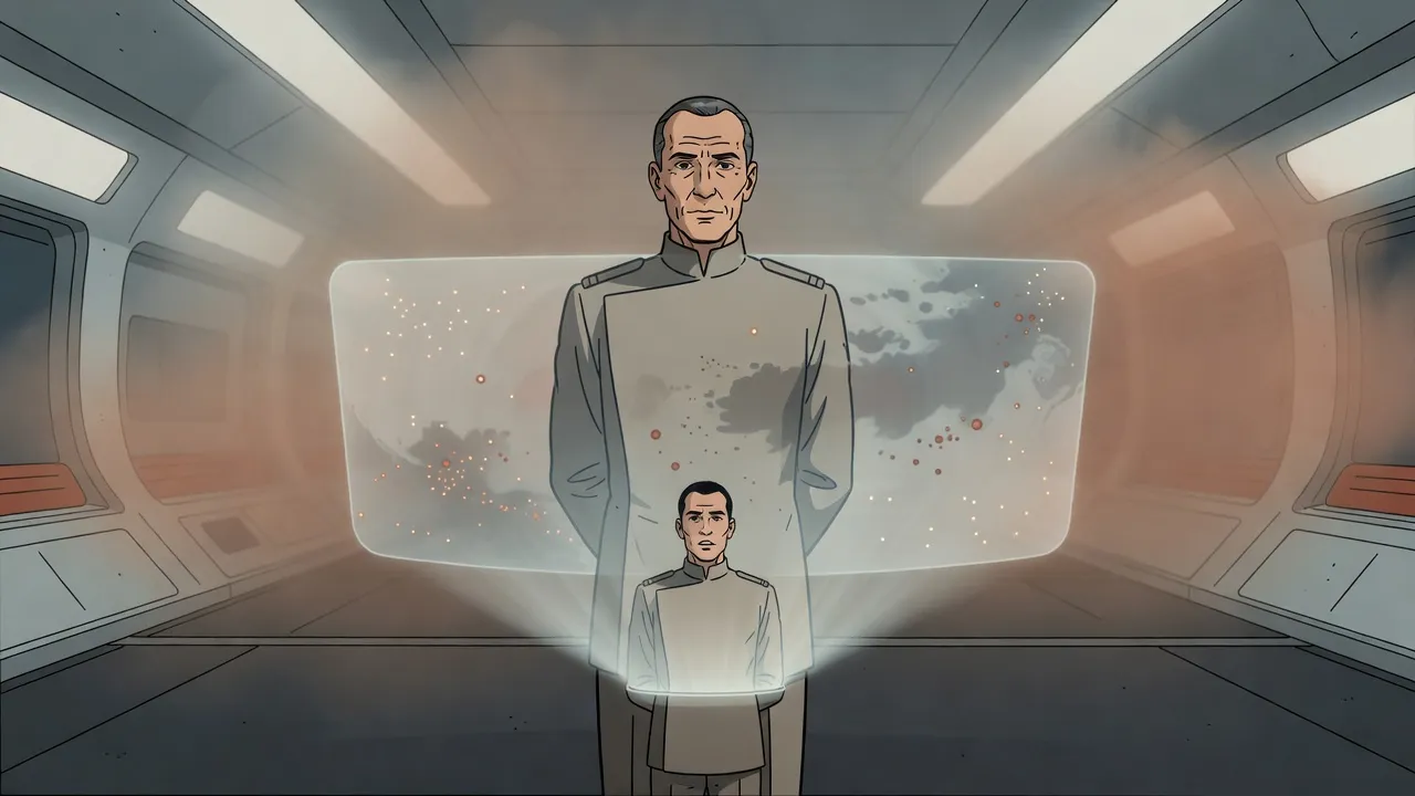 A lean grey-haired admiral in a sand-grey uniform stands before a glowing projection of a planet’s surface, a younger officer’s translucent projected figure reporting at its edge.