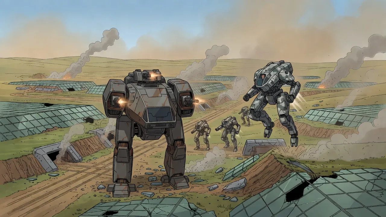 A heavy grey war machine advances firing through smoking ruins while a second leaps a ridge and lighter sand-coloured machines scatter ahead.