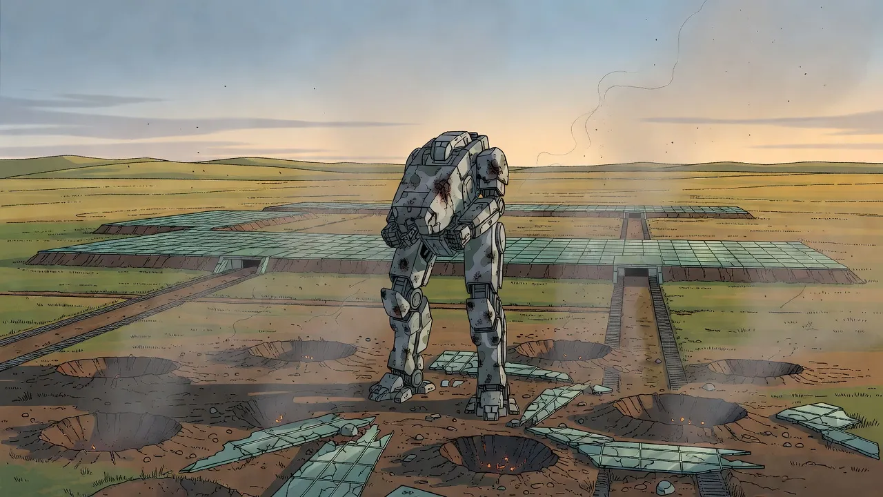 At dusk a battered grey war machine, riddled with bullet marks, stands alone and still among smoking craters and broken slabs.