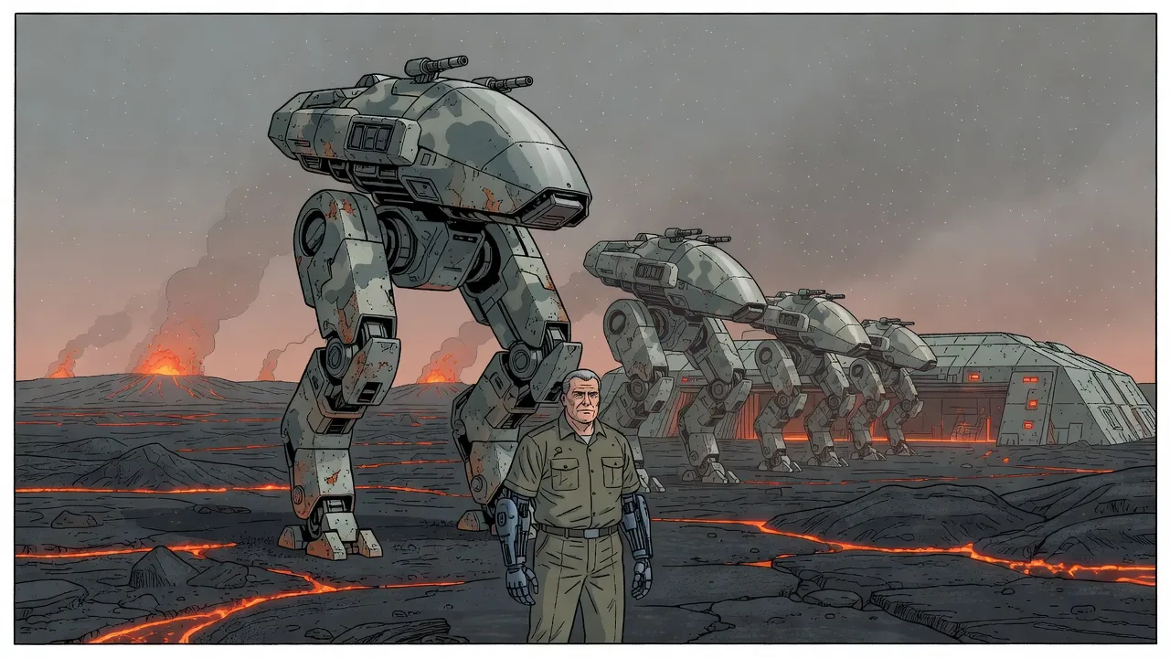 Under falling ash a heavy-set officer with metal arms looks along a row of rebuilt grey war machines outside a long hangar.