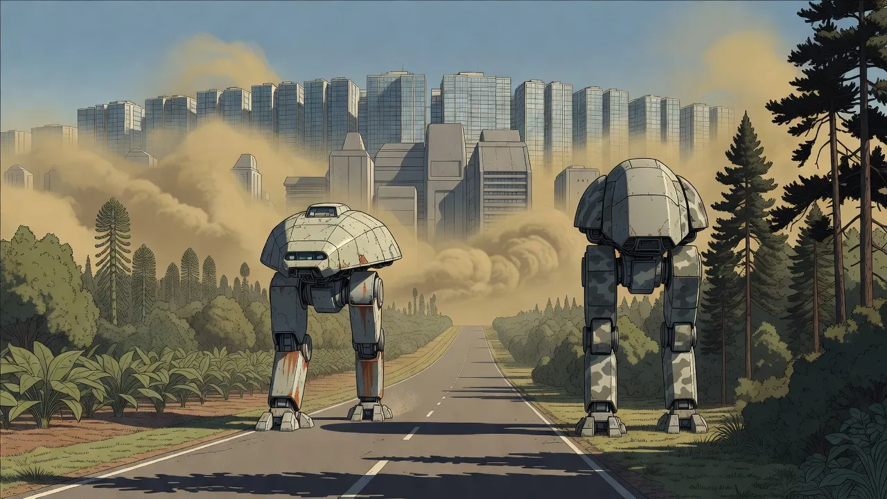 A long straight road runs back to a hazy megacity drowned in yellow-brown fog on the horizon; on green plantation land to the left strides a colossal cream-plated two-legged walking machine, and among dark pines in the right foreground stands a grey-green armoured war machine.